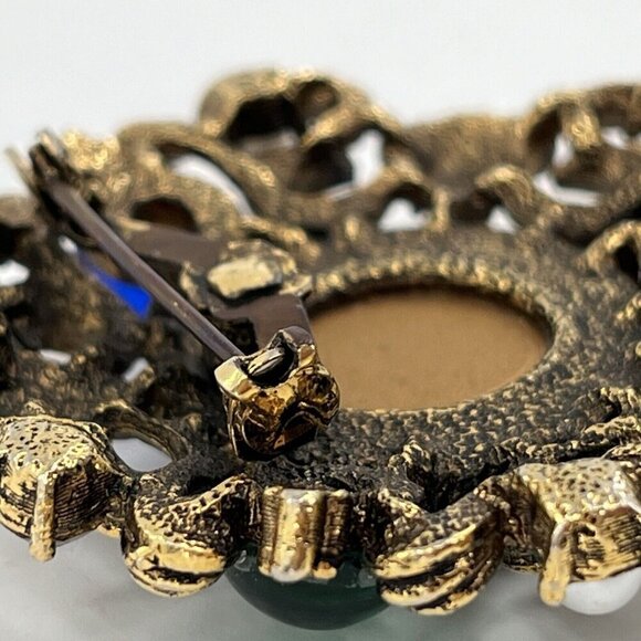 Gold Tone Lion Face Multicolor Cabochon Rhinestone Cluster Brooch Pin - Picture 8 of 8